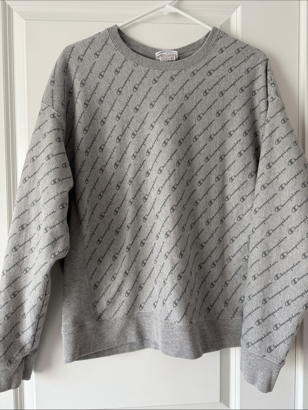 Champion Grey All-Over Script Logo Crewneck reverse weave Sweatshirt